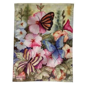Vintage 1990s Yard Flag Butterflies Flowers Small 11x15 Banner Colorful Pastels